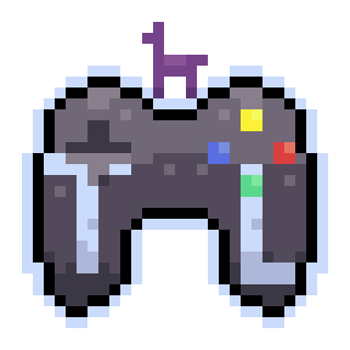 A pixel art drawing of the initials T and L superimposed over a video game conroller with a small purple llama on top.
